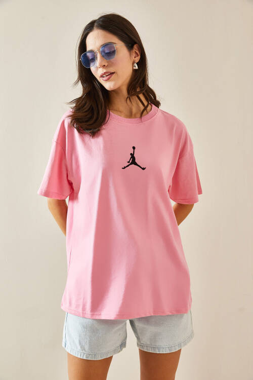 Pembe Bisiklet Yaka Yazılı Oversize Tshirt 5YXK1-48702-20 - 5