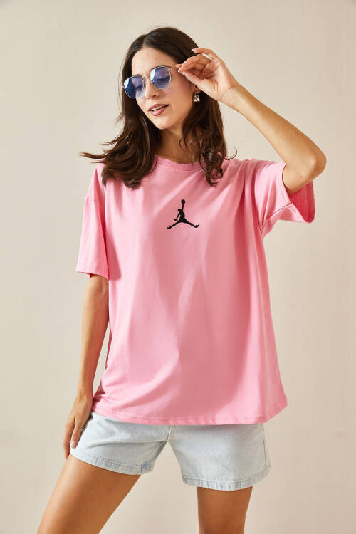 Pembe Bisiklet Yaka Yazılı Oversize Tshirt 5YXK1-48702-20 - 6