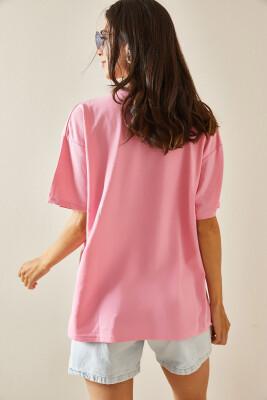 Pembe Bisiklet Yaka Yazılı Oversize Tshirt 5YXK1-48702-20 - 7