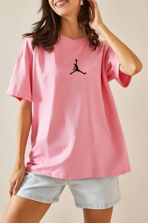 Pembe Bisiklet Yaka Yazılı Oversize Tshirt 5YXK1-48702-20 - 1