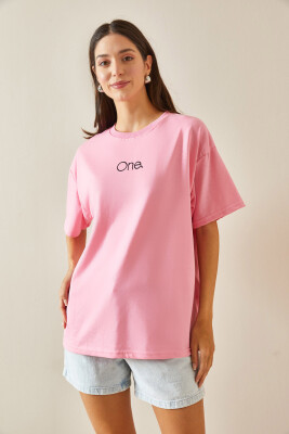 Pembe Bisiklet Yaka Yazılı Oversize Tshirt 5YXK1-48703-20 - 3