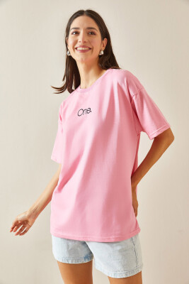 Pembe Bisiklet Yaka Yazılı Oversize Tshirt 5YXK1-48703-20 - 4