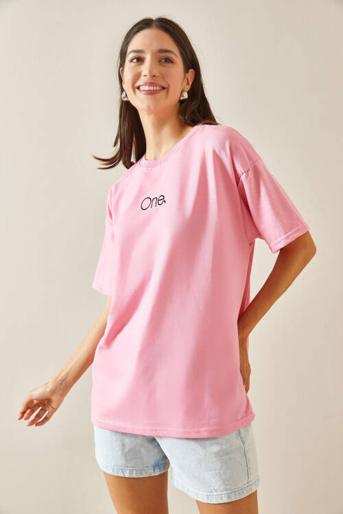 Pembe Bisiklet Yaka Yazılı Oversize Tshirt 5YXK1-48703-20 - 4