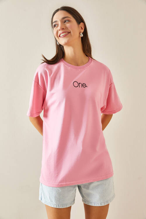 Pembe Bisiklet Yaka Yazılı Oversize Tshirt 5YXK1-48703-20 - 5