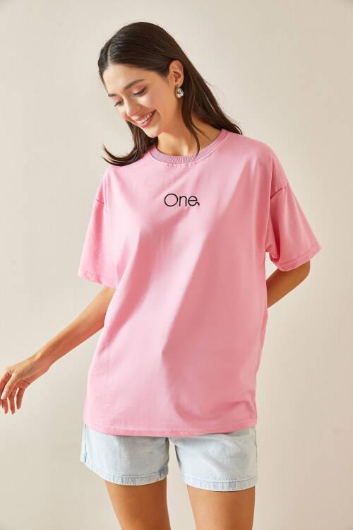 Pembe Bisiklet Yaka Yazılı Oversize Tshirt 5YXK1-48703-20 - 6