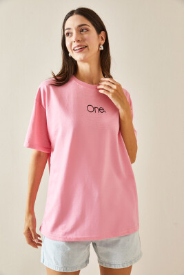 Pembe Bisiklet Yaka Yazılı Oversize Tshirt 5YXK1-48703-20 - 7