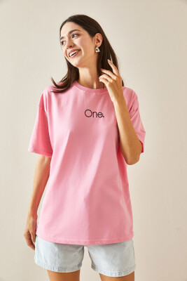 Pembe Bisiklet Yaka Yazılı Oversize Tshirt 5YXK1-48703-20 - 8