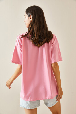 Pembe Bisiklet Yaka Yazılı Oversize Tshirt 5YXK1-48703-20 - 9