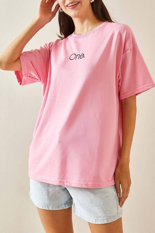 Pembe Bisiklet Yaka Yazılı Oversize Tshirt 5YXK1-48703-20 - 1