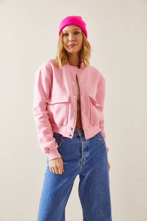 Pembe Çıtçıt Düğmeli Crop Bomber Ceket 3YXK4-47551-20 - 3