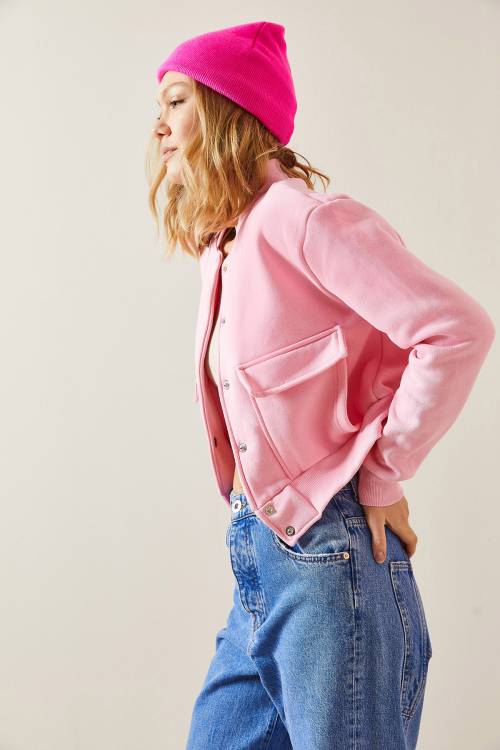 Pembe Çıtçıt Düğmeli Crop Bomber Ceket 3YXK4-47551-20 - 5