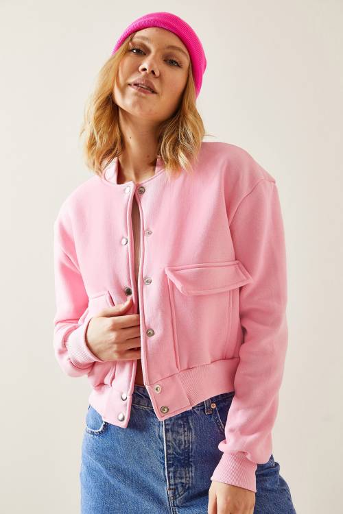 Pembe Çıtçıt Düğmeli Crop Bomber Ceket 3YXK4-47551-20 - 6