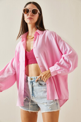 Pembe Çizgili Oversize Salaş Gömlek 5YXK2-48881-20 - 2