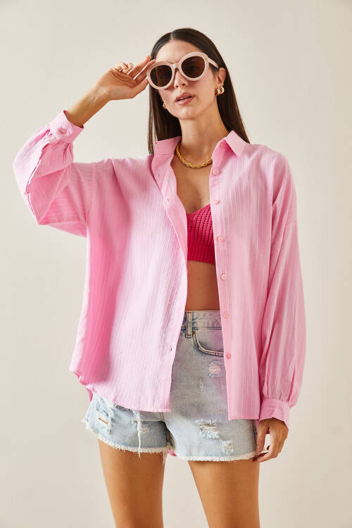 Pembe Çizgili Oversize Salaş Gömlek 5YXK2-48881-20 - 3