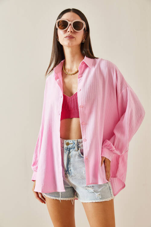 Pembe Çizgili Oversize Salaş Gömlek 5YXK2-48881-20 - 4