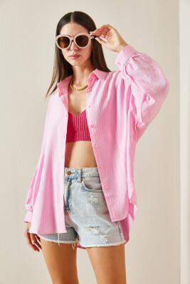 Pembe Çizgili Oversize Salaş Gömlek 5YXK2-48881-20 - 5