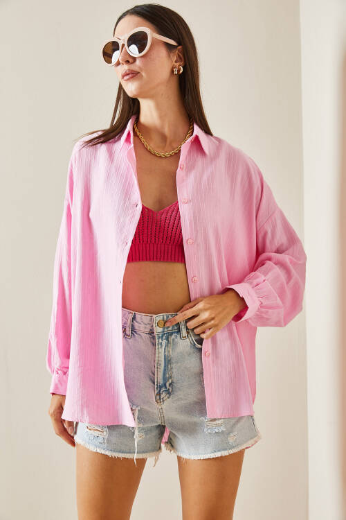 Pembe Çizgili Oversize Salaş Gömlek 5YXK2-48881-20 - 6