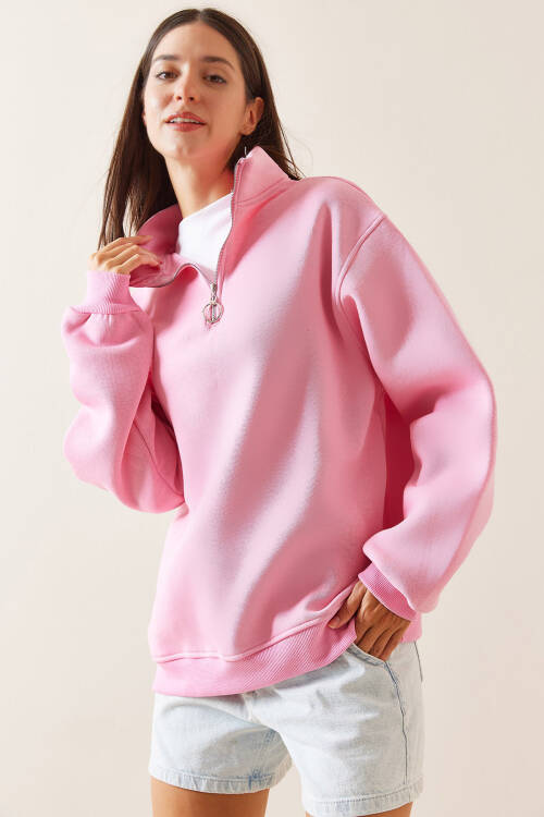 Pembe Dik Yaka Fermuarlı Sweatshirt 5YXK8-48915-20 - 2