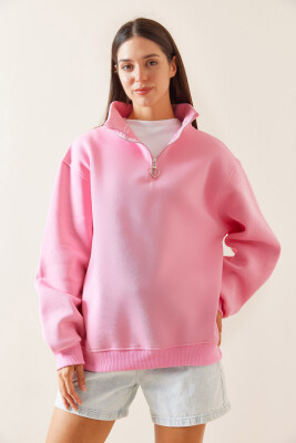 Pembe Dik Yaka Fermuarlı Sweatshirt 5YXK8-48915-20 - 3