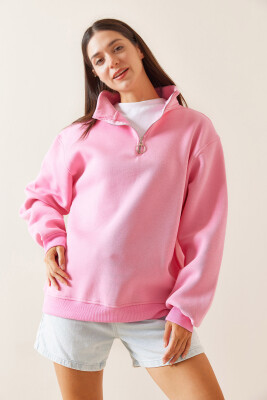 Pembe Dik Yaka Fermuarlı Sweatshirt 5YXK8-48915-20 - 4