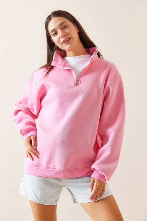 Pembe Dik Yaka Fermuarlı Sweatshirt 5YXK8-48915-20 - 4