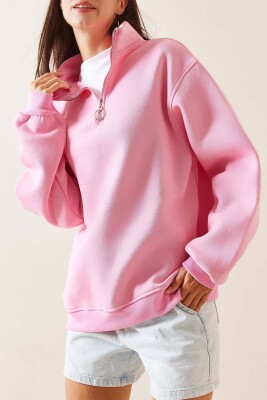 Pembe Dik Yaka Fermuarlı Sweatshirt 5YXK8-48915-20 - 1