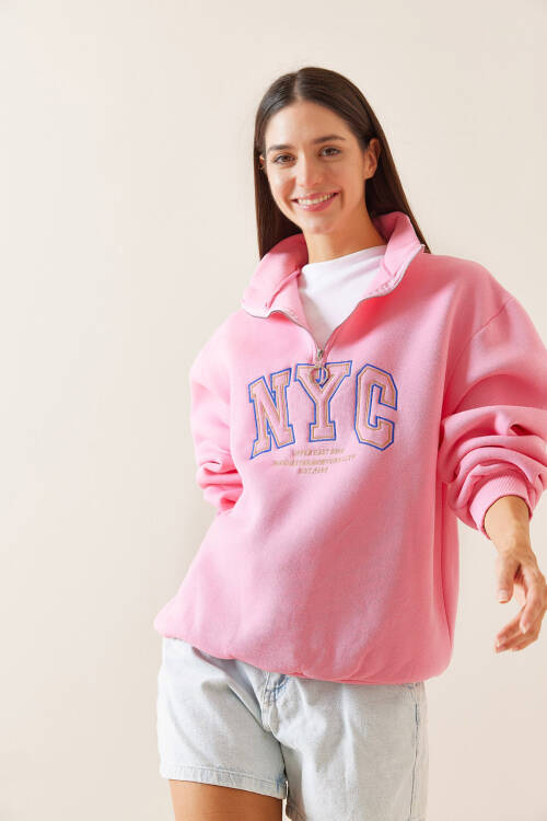 Pembe Fermuarlı Dik Yaka Sweatshirt 5YXK8-48908-20 - 3