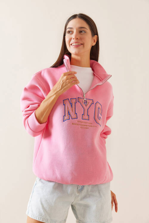 Pembe Fermuarlı Dik Yaka Sweatshirt 5YXK8-48908-20 - 4