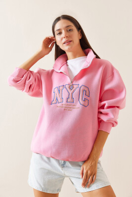 Pembe Fermuarlı Dik Yaka Sweatshirt 5YXK8-48908-20 - 5