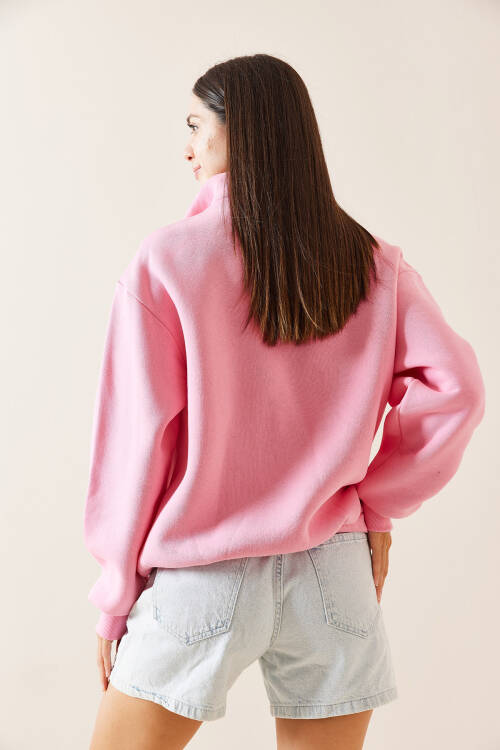 Pembe Fermuarlı Dik Yaka Sweatshirt 5YXK8-48908-20 - 7