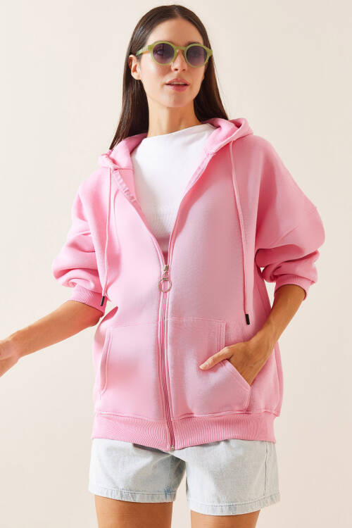 Pembe Kapüşonlu & Fermuarlı Midi Sweatshirt 5YXK3-48913-20 - 2