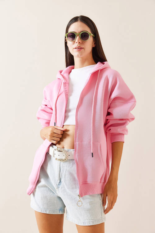 Pembe Kapüşonlu & Fermuarlı Midi Sweatshirt 5YXK3-48913-20 - 3