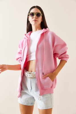 Pembe Kapüşonlu & Fermuarlı Midi Sweatshirt 5YXK3-48913-20 - 4