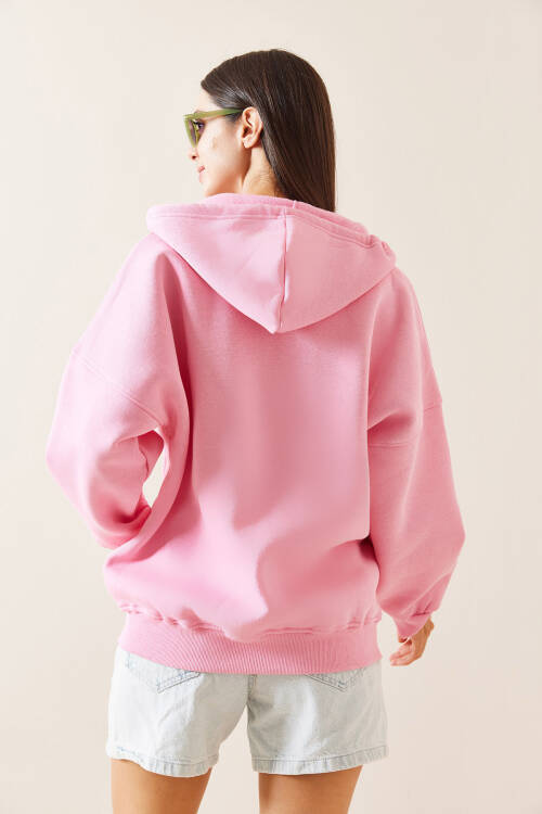 Pembe Kapüşonlu & Fermuarlı Midi Sweatshirt 5YXK3-48913-20 - 7