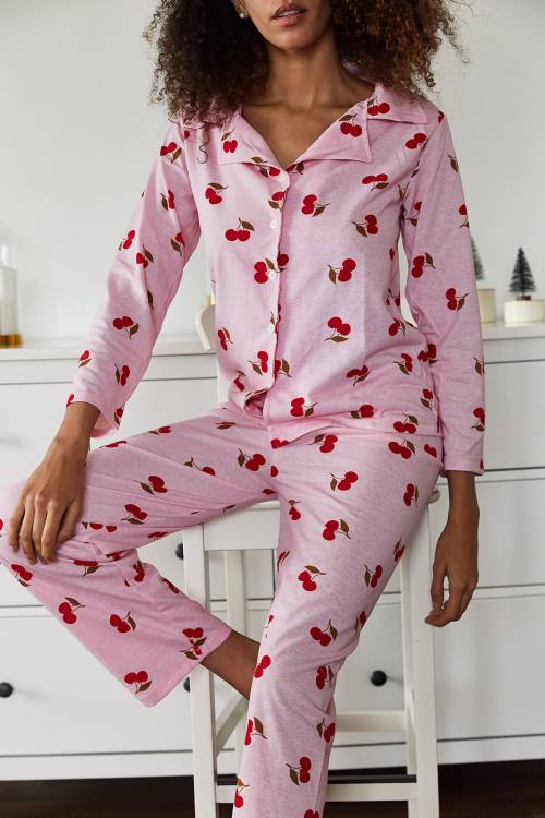 Pembe Kiraz Baskılı Pijama Takımı 2KXK8-45809-20 - 1