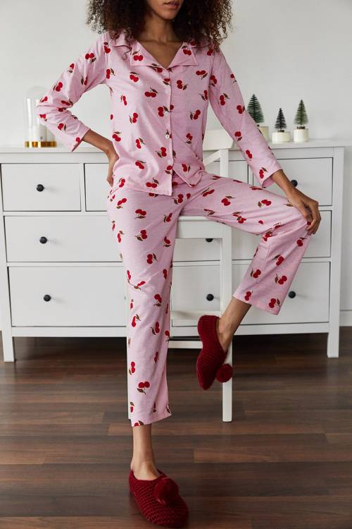 Pembe Kiraz Baskılı Pijama Takımı 2KXK8-45809-20 - 4