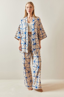 Saks Desenli Bol Paça Keten Kimono Takım 4KXK8-47909-15 - 2
