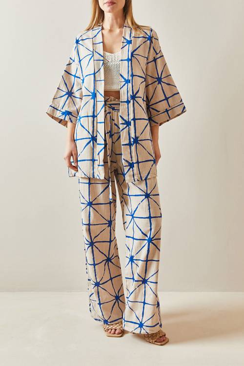 Saks Desenli Bol Paça Keten Kimono Takım 4KXK8-47909-15 - 1