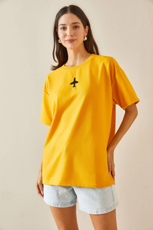 Sarı Bisiklet Yaka Yazılı Oversize Tshirt 5YXK1-48701-10 - 3