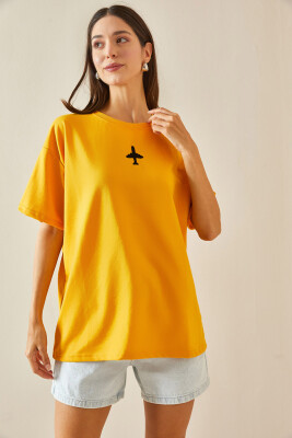 Sarı Bisiklet Yaka Yazılı Oversize Tshirt 5YXK1-48701-10 - 4