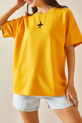 Sarı Bisiklet Yaka Yazılı Oversize Tshirt 5YXK1-48701-10 - 1