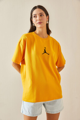 Sarı Bisiklet Yaka Yazılı Oversize Tshirt 5YXK1-48702-10 - 3