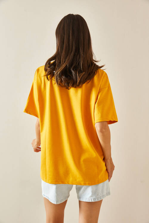 Sarı Bisiklet Yaka Yazılı Oversize Tshirt 5YXK1-48702-10 - 7