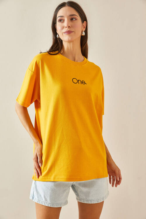 Sarı Bisiklet Yaka Yazılı Oversize Tshirt 5YXK1-48703-10 - 3