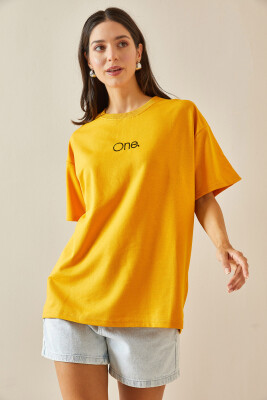 Sarı Bisiklet Yaka Yazılı Oversize Tshirt 5YXK1-48703-10 - 5