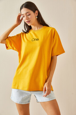 Sarı Bisiklet Yaka Yazılı Oversize Tshirt 5YXK1-48703-10 - 6