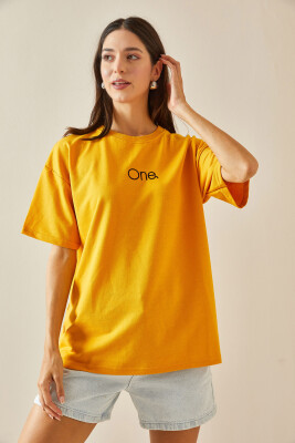 Sarı Bisiklet Yaka Yazılı Oversize Tshirt 5YXK1-48703-10 - 7