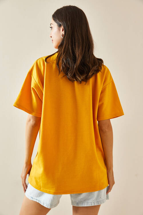 Sarı Bisiklet Yaka Yazılı Oversize Tshirt 5YXK1-48703-10 - 8