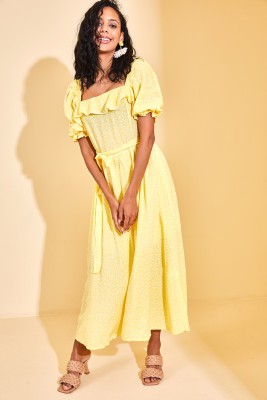 Sarı Kare Yaka Desenli Elbise 3KXK6-46869-10 - XHAN