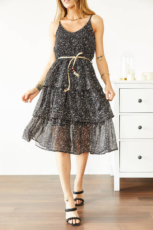 Siyah Askılı Desenli Şifon Elbise 0YXK6-43866-02 - 2